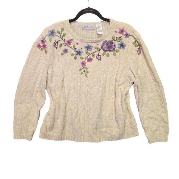 Alfred Dunner Grandmacore Cottage Cozy XL Cream Cable Knit Floral Embroidered Sw - Picture 1 of 9